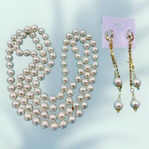 48" Large 10mm White Glass Pearl Necklace & 4" Long Shoulder-Length Earrings